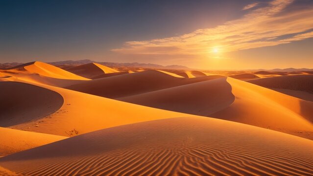 a panoramic view in 4K, capturing sunlit dunes, distant mountains, and a clear horizon with highly detailed, realistic sharp details, and soft shadows under natural lighting © zohiab