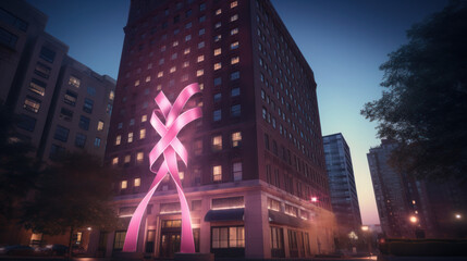 A cancer awareness ribbon illuminated on a landmark building.