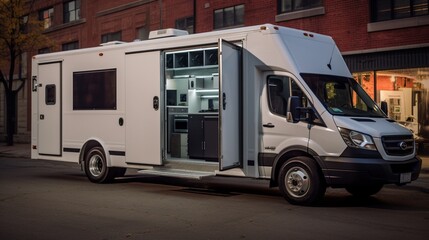 A mobile forensics van parked in an urban alley, its doors open to reveal an array of sophisticated equipment used for on-site analysis