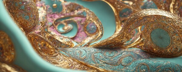 a close up of a gold and turquoise colored chair