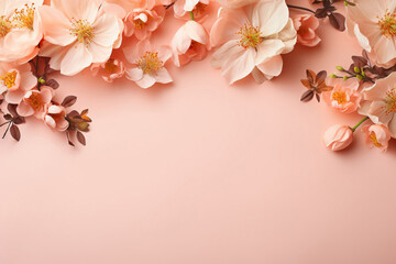 Spring flowers on a light peach background. Flat lay, mockup with copy space