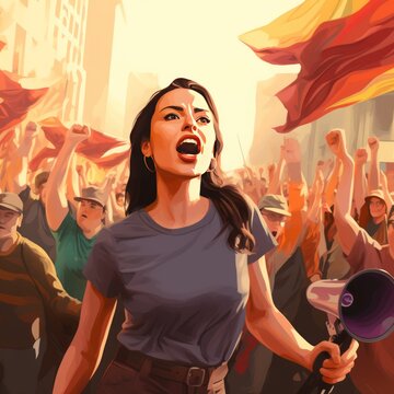 Rallying the Cause: Female Activist Voices Anger Amidst Protesters, Banner Stands Bold