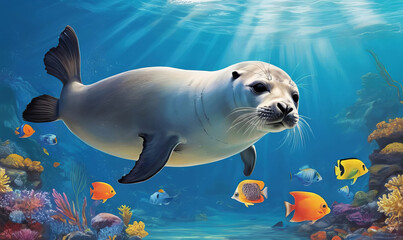 Obraz premium Seal under water at a coral reef with tropical fish. Sea lion and underwater world of ocean. Algae, corals and sea anemones on seabed.