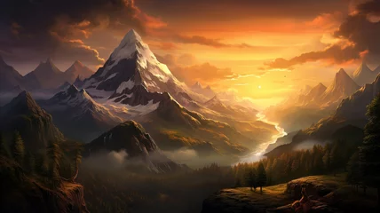 Deurstickers The magic of mountains during a summer sunset, as the sun dips below the horizon, casting a warm and golden glow on the peaks, creating a mesmerizing and realistic scene in high definition. © Zeeshan Qazi
