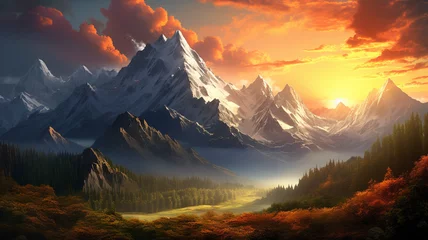 Zelfklevend Fotobehang The magic of mountains during a summer sunset, as the sun dips below the horizon, casting a warm and golden glow on the peaks, creating a mesmerizing and realistic scene in high definition. © Zeeshan Qazi