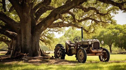 A picturesque view of an old, weathered tractor resting peacefully under the shade of a large oak...