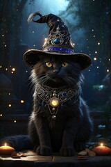 A mysterious black cat donning an intricately adorned wizard's hat, Generative AI