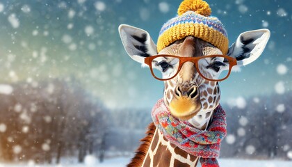 cute giraffe in glasses wearing scarf and knitted hat portrait of funny animal on outdoor winter background close up with copy space - Powered by Adobe