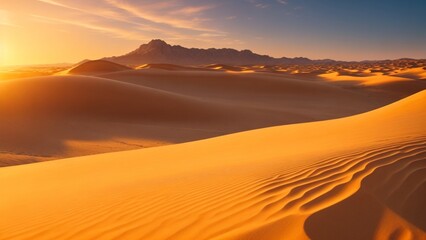 desert photo capturing sunlit dunes and distant mountains, with highly detailed, realistic sharp details, showcasing vibrant colors under a crystal clear sky