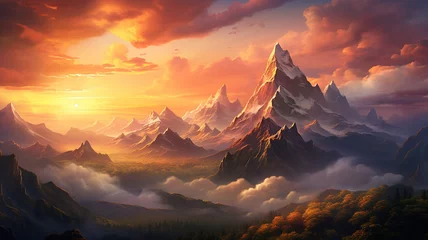 Tuinposter The magic of mountains during a summer sunset, as the sun dips below the horizon, casting a warm and golden glow on the peaks, creating a mesmerizing and realistic scene in high definition. © Zeeshan Qazi