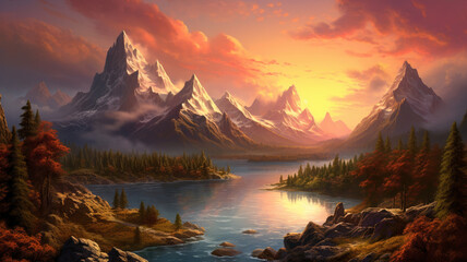 Fototapeta na wymiar The magic of mountains during a summer sunset, as the sun dips below the horizon, casting a warm and golden glow on the peaks, creating a mesmerizing and realistic scene in high definition.