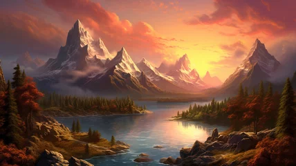 Foto auf Acrylglas The magic of mountains during a summer sunset, as the sun dips below the horizon, casting a warm and golden glow on the peaks, creating a mesmerizing and realistic scene in high definition. © Zeeshan Qazi