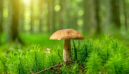 fresh healthy mushroom in green sunny coniferous forest panorama generative ai