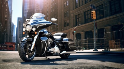 A police motorcycle parked in front of an iconic city landmark, the sleek design and polished chrome capturing the essence of urban law enforcement - obrazy, fototapety, plakaty