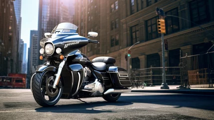 Foto op Plexiglas A police motorcycle parked in front of an iconic city landmark, the sleek design and polished chrome capturing the essence of urban law enforcement © Muhammad