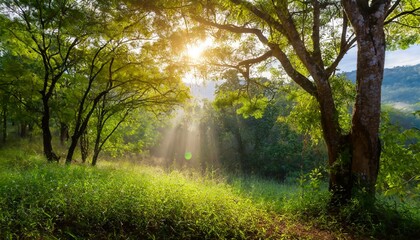 scenic forest of fresh green deciduous trees framed by leaves with the sun casting its warm rays through the foliage