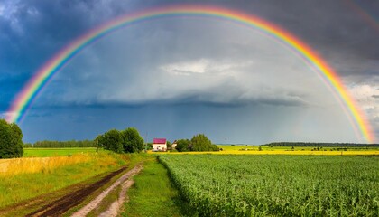 a beautiful colorful rainbow against the background of a dangerous stormy sky over a rural farm
