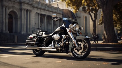 A police motorcycle parked in front of an iconic city landmark, the sleek design and polished...