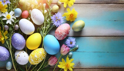 easter background with easter eggs and spring flowers top view with copy space