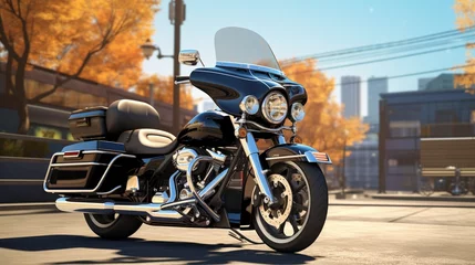 Tuinposter A police motorcycle parked in front of an iconic city landmark, the sleek design and polished chrome capturing the essence of urban law enforcement © Muhammad