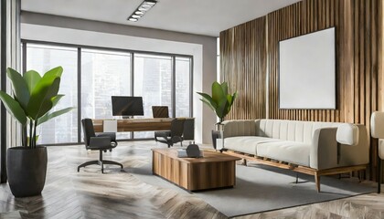 white and wood ceo office corner lounge and poster - obrazy, fototapety, plakaty