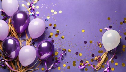 purple balloons with confetti on purple background