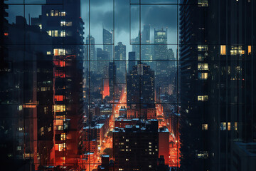 Fototapeta premium high-rise buildings with glowing windows in a big city at night, view from the window