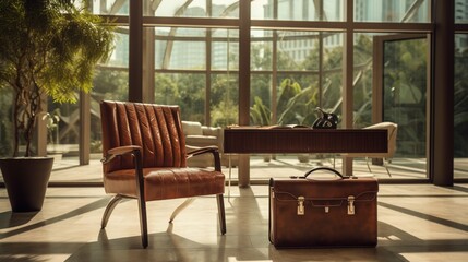 A professional briefcase placed beside an elegant leather chair against a backdrop of floor-to-ceiling windows