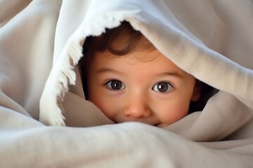 Fototapeta na wymiar lovely infant peeking out from under the blanket