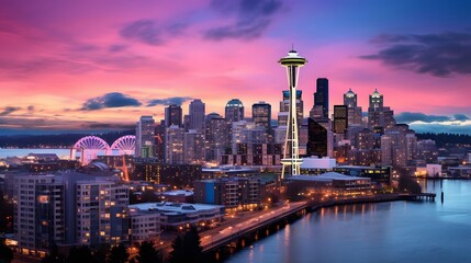 Panoramic view of Seattle skyline at sunset, Washington, USA.