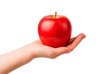 Hand Holding a red apple on Transparent or White Background, PNG