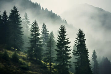 Fototapeta premium Foggy Alpine Wonderland: Trees Enveloped in Mist