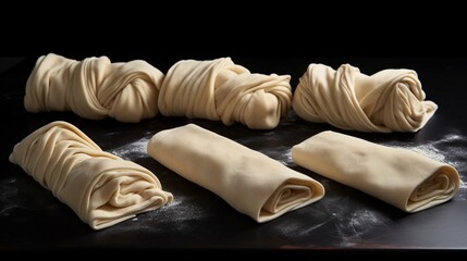 A series of expertly folded pastry dough, ready to be shaped into delectable treats
