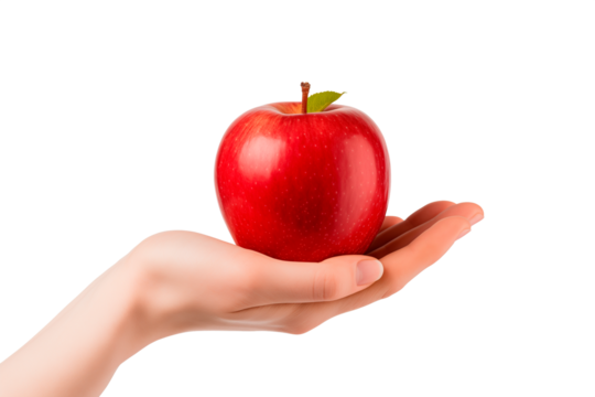 Hand Holding a red apple on Transparent or White Background, PNG