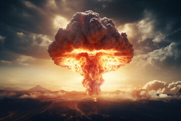 Depiction of a mushroom cloud caused by the explosion of an atomic bomb - obrazy, fototapety, plakaty