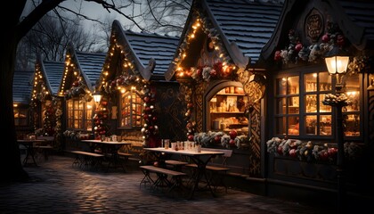 Fototapeta na wymiar Cafe in the village at night. Christmas and New Year concept