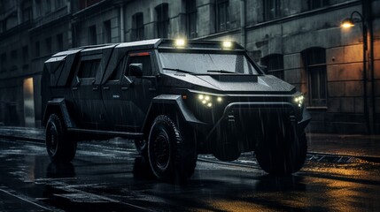 A sleek, black tactical vehicle parked on a rain-soaked street, its headlights casting a dramatic...