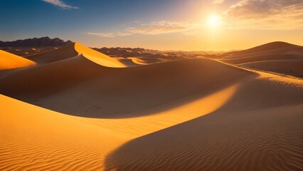 Fototapeta na wymiar a panoramic desert view showcasing sunlit dunes, distant mountains, and a clear horizon, with highly detailed, realistic sharp details, golden hour lighting, and vibrant colors