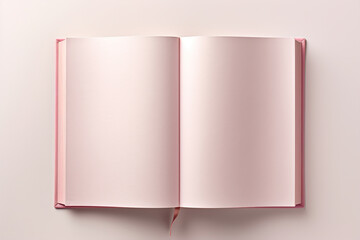 An open pink blank book mockup on a pink surface background.