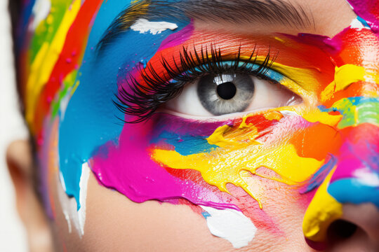 face of a person with painted face. Fashion model woman face with fantasy art make-up. Bold makeup, glance Fashion art portrait, incorporating neon colors. Advertising design for cosmetics, beauty 