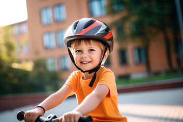 Fototapeta na wymiar child riding a bike. portrait of a boy riding a bike. Happy boy in bicycle helmet riding on the road on a bicycle and screaming with happiness. Portrait. Close-up. Backpack on your shoulders