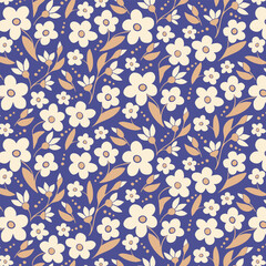 Floral abstract pattern on blue background in vintage colors. Flat hand drawn cut out flowers, leaves. Unique retro print design for textile, wallpaper, interior, wrapping paper