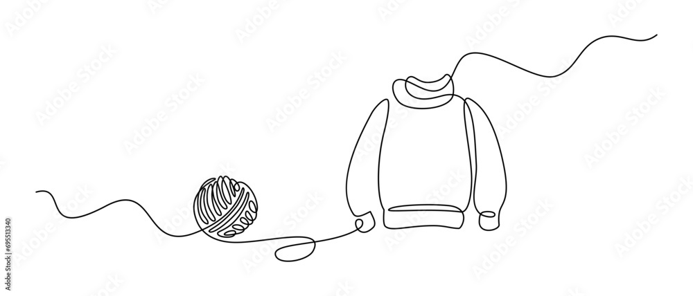 Wall mural hand knitted sweater in continuous line art drawing style. ball of thread and pullover knitted garme - Wall murals