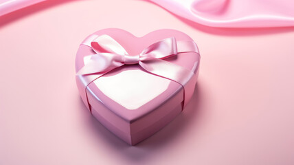 Flat lay with pink heart gift box, silk fabric, glow, on pink background