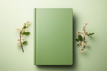 Light green Book book cover mockup and some white flowers on a blue background.
