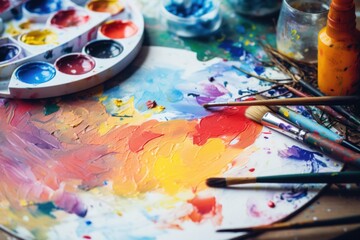 Colored oil paints and brushes on the artist palette. Art therapy, painting or sketching