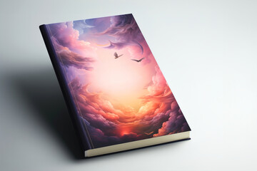 A book cover with a clouds, birds flying in the sunset sky. Copy space on cover.