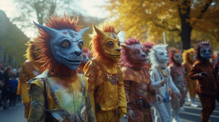 A childrens parade featuring costumes of zodiac animals.