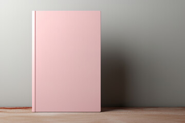 A pink book cover mockup sitting on top of a wooden floor.