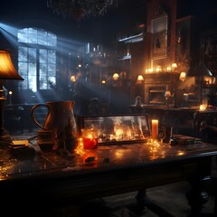 Night scene of a bar in a dark room with candles and lights